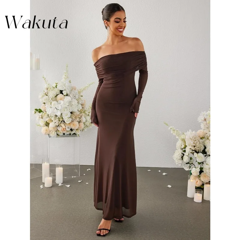 Wakuta Elegant Women’s Off Shoulder Bodycon Maxi Dress Long Sleeve Mesh Ruched Party Formal Wedding Guest Vestido Elegante Mujer