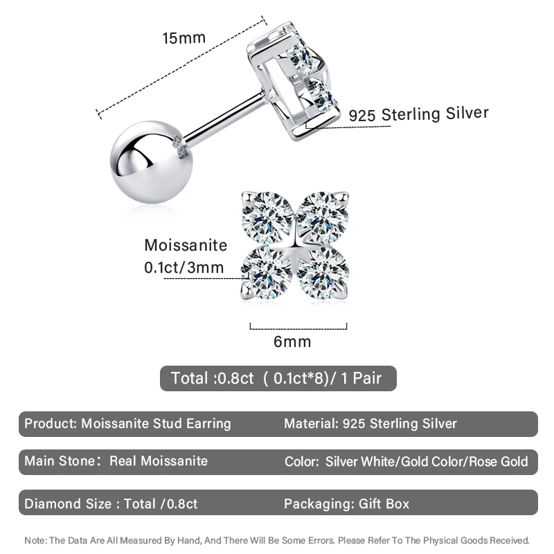 0.8cttw เพชรโมอิสแท้อินเทรนด์เครื่องประดับต่างหูตุ้มหูโคลเวอร์คลาสสิก S925ต่างหูเงินแท้ที่มีใบรับรองตรา