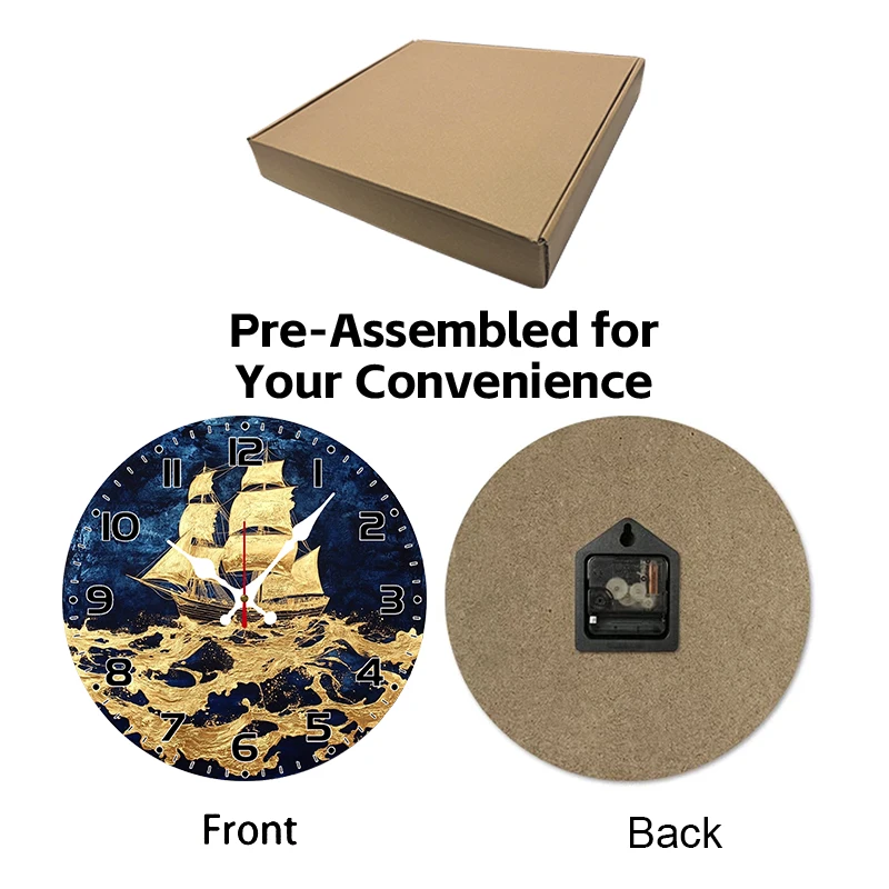 ساعة حائط معلقة خشبية مستديرة صامتة على شكل سفينة ذهبية، مناسبة لغرفة المعيشة والمكتب وغرفة الدراسة وغرفة النوم وديكور المنزل #6