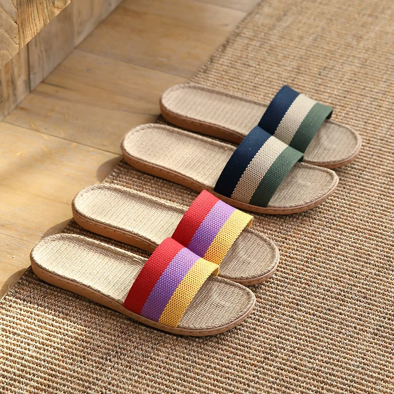 Men Color Block Single Band Bedroom Slippers, Casual Summer Fabric Slippers