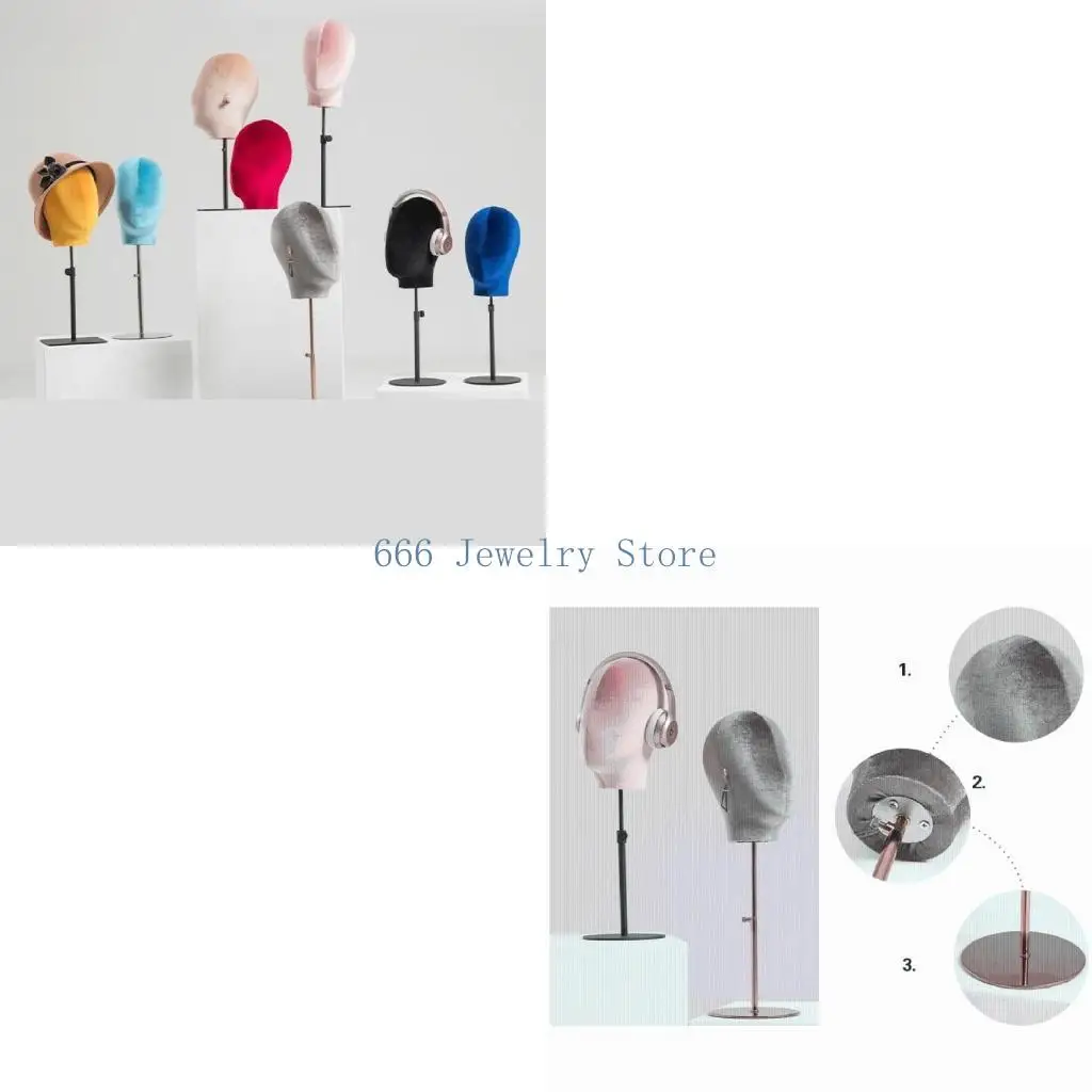 F2TD Height Adjustable Stand Velvets Manikin Head for Professional Hat and Display Retractable Metal Base Holder