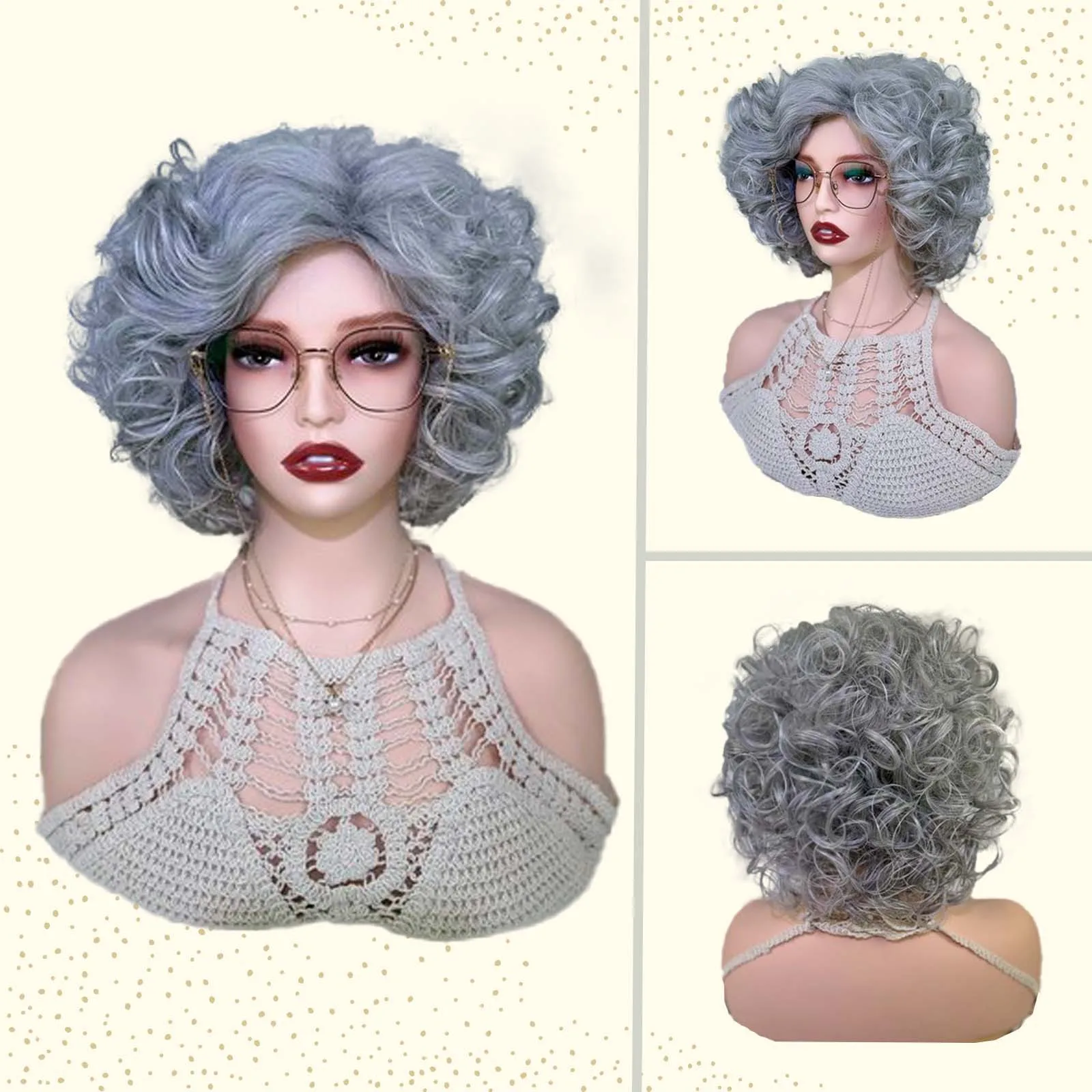 

Women's middle-aged and elderly short roll light gray breathable wig gray white imitation silk wig headgear