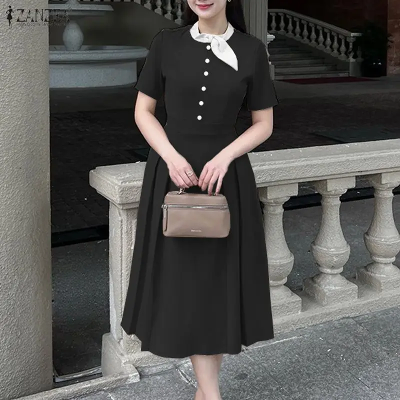 Damen Sommer OL Arbeitskleider ZANZEA 2026 Elegantes O-Ausschnitt Kurzarm-Sommerkleid Stilvolles A-Linien Tailliertes Kleid Patchwork Vestidos