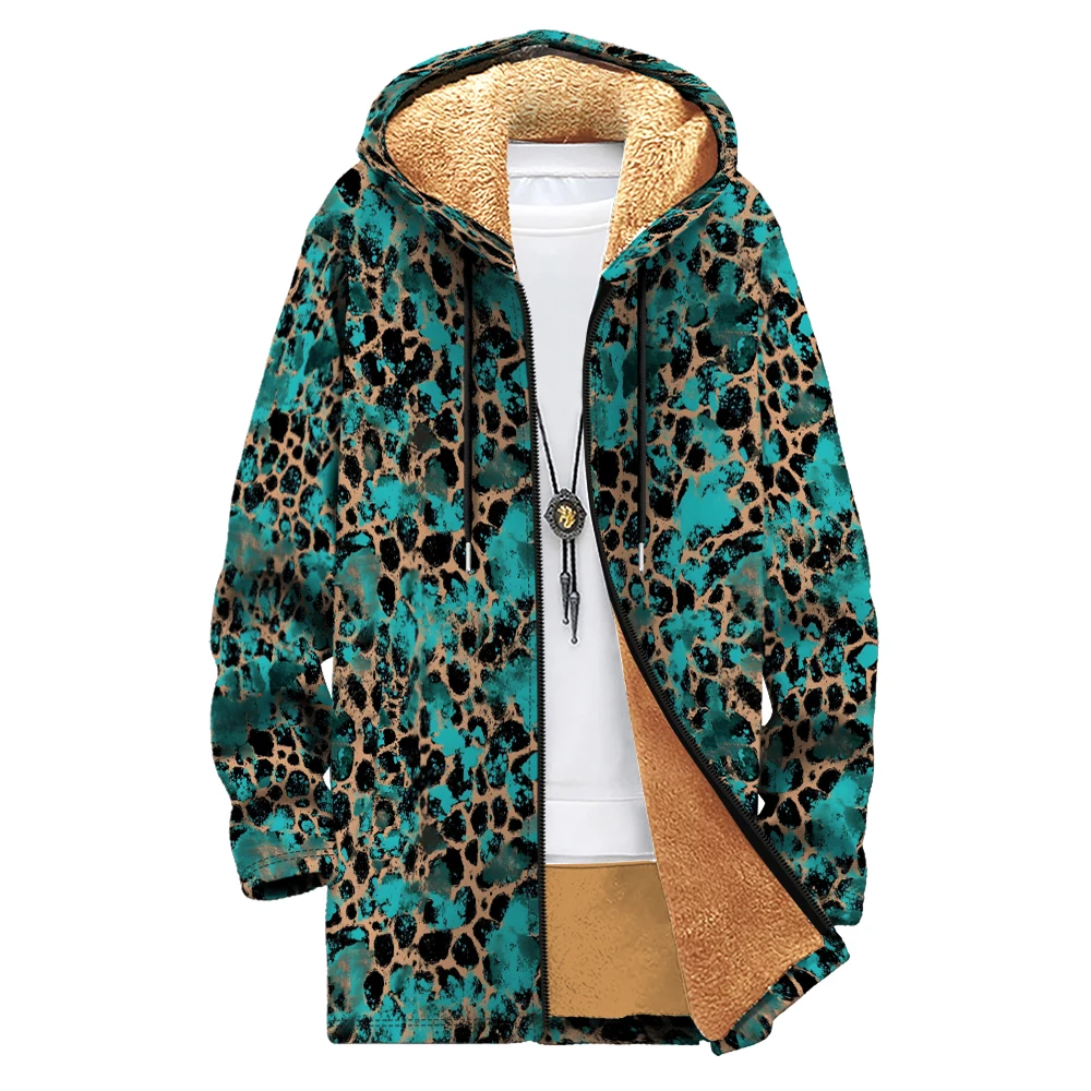 Abstract Animal Printed Men Cardigan Coats Long Parka Fleece Plush Thick Hooded Jacket Warm Outerwear Unisex Plus Size Clothing