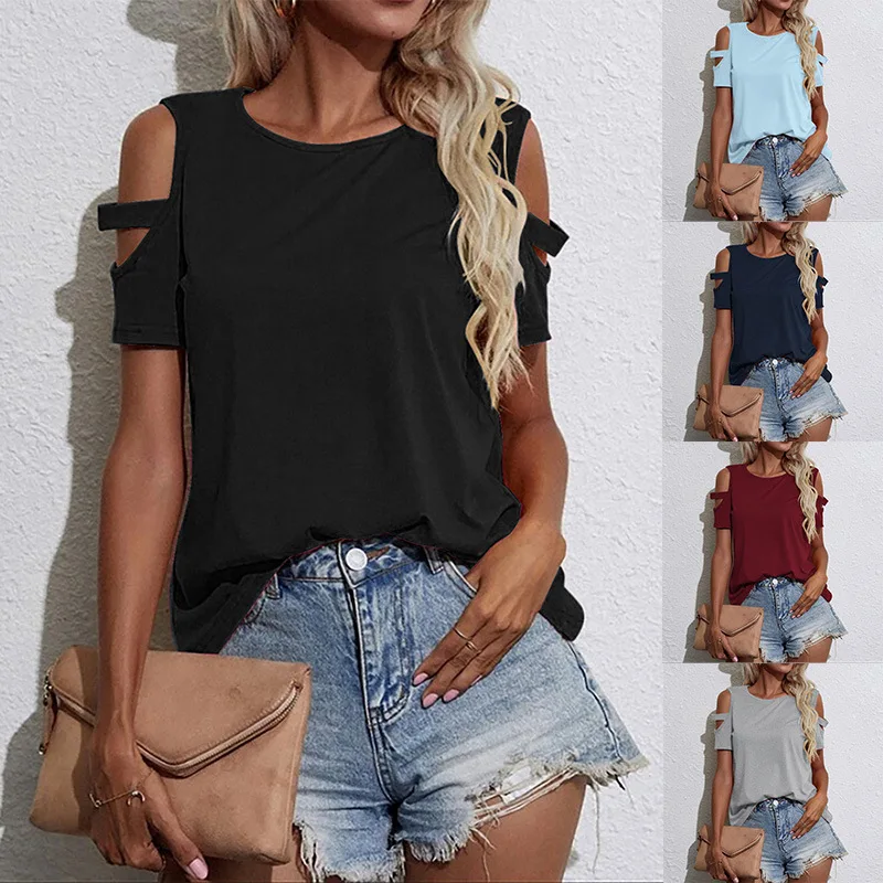 Summer new off-the-shoulder round neck short sleeve loose top T-shirt woman