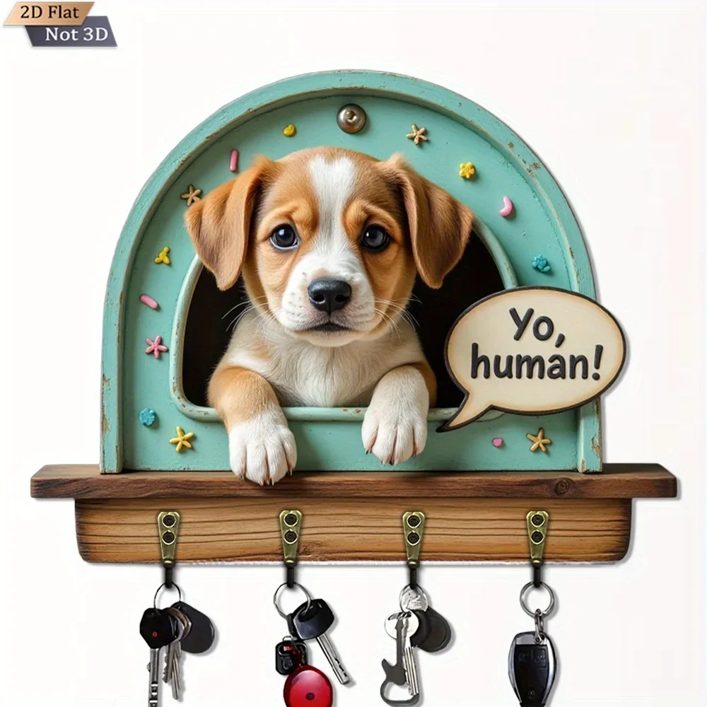 A 2D Wooden Key Hook in The Shape of a Puppy, Multifunctional for Home Use, Includes Four Metal Hooks, Suitable for Wall