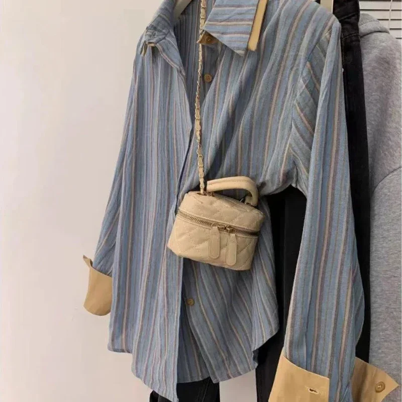 

Синяя полосатая искусственная рубашка из двух предметов с длинными рукавами для женщин, осенняя французская элитная свободная рубашка большого размера XQ499