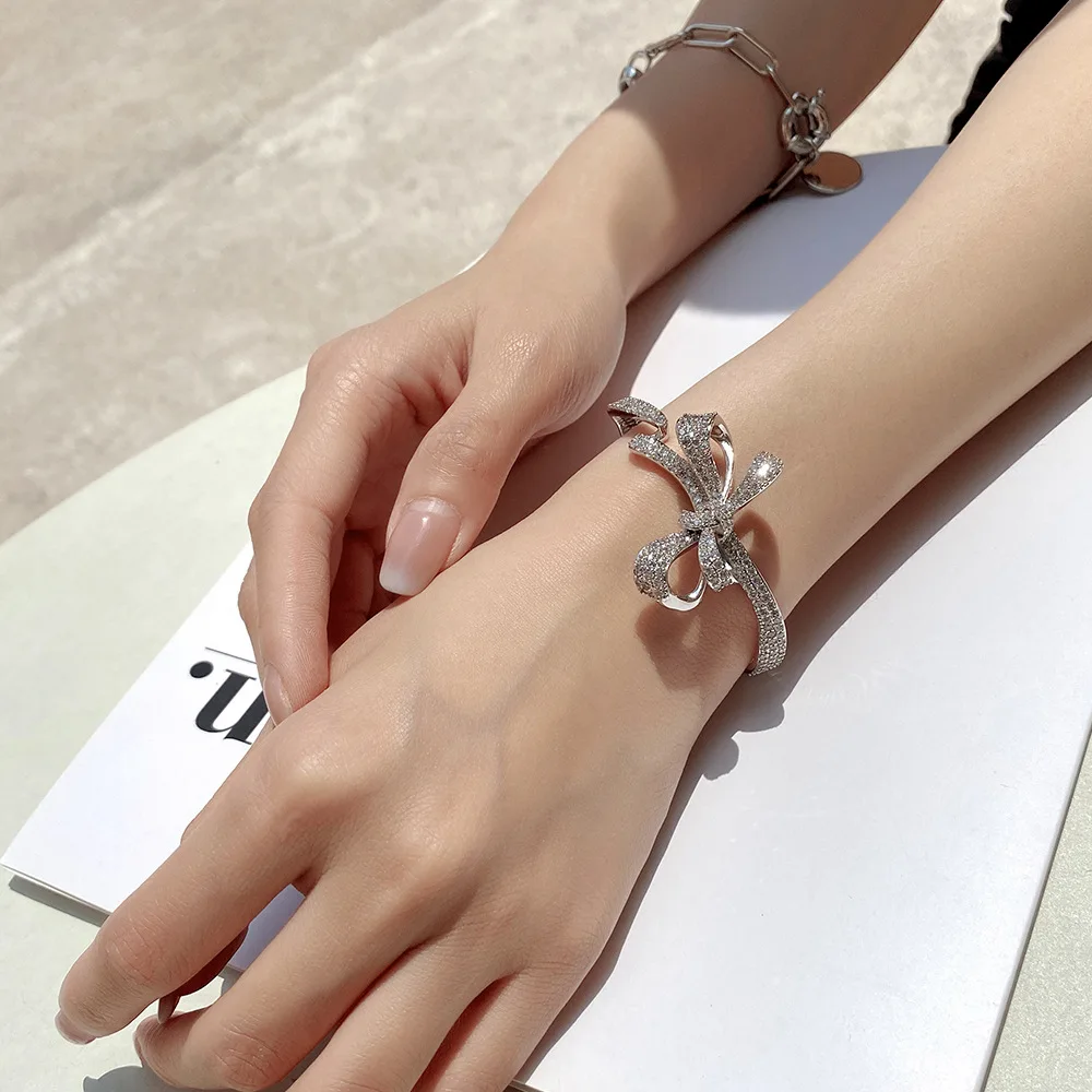 Super Fairy S925 Sterling Silver Necklace With Exaggerated Full Diamond Bow Neck Chain And Butterfly Opening Bracelet