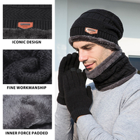 3Pcs Men's Hat Scarf Gloves Set Warm Beanie Fleece Lining Scarf Touchscreen Gloves Fashion Winter Knitted Mittens for Men Women