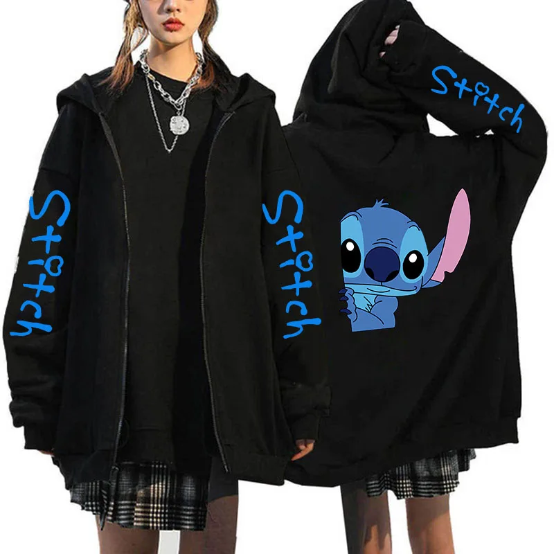 Sudadera con capucha Y2k de los años 90 con cremallera de Disney Stitch, sudaderas con cremallera para mujer, sudadera bonita de Anime Harajuku,