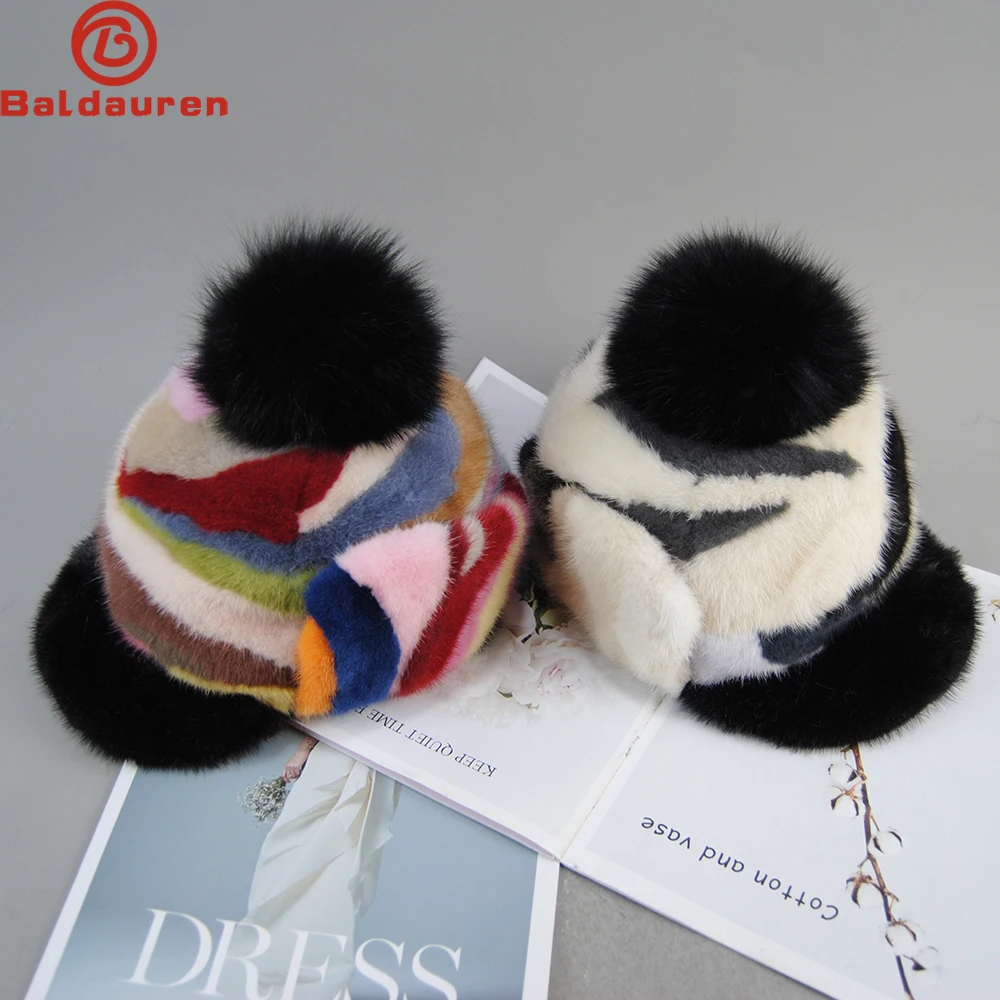 

Colorful Fur Hat For Women Real Mink Fur And Fox Fur Handmade Winter Female earflap cap Genuine Fur Natural fox fur pompom hats