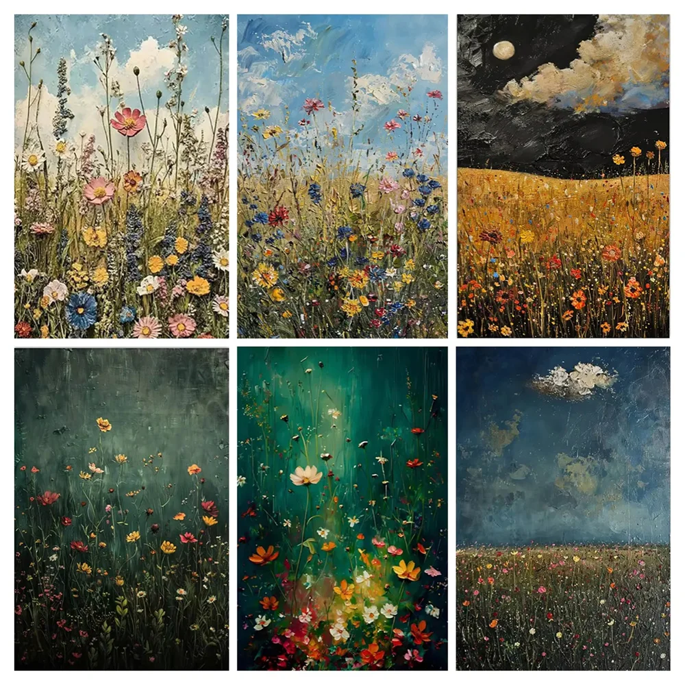 Spring Wildflowers Field Posters Vintage Floral Botanical Canvas Painting Landscape Pastoral Wall Art Home Farmhouse Decor