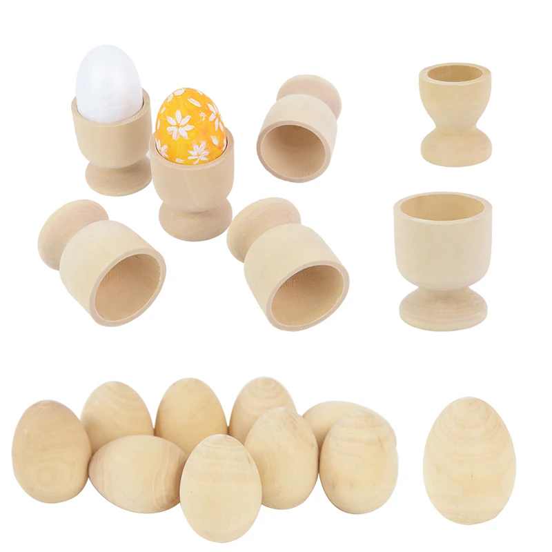 

5Pcs Natural Wood Simulation Eggs Handmade Manual Graffiti Painted Exercise Wooden Egg Cups Holders Easter Event Party Supplies