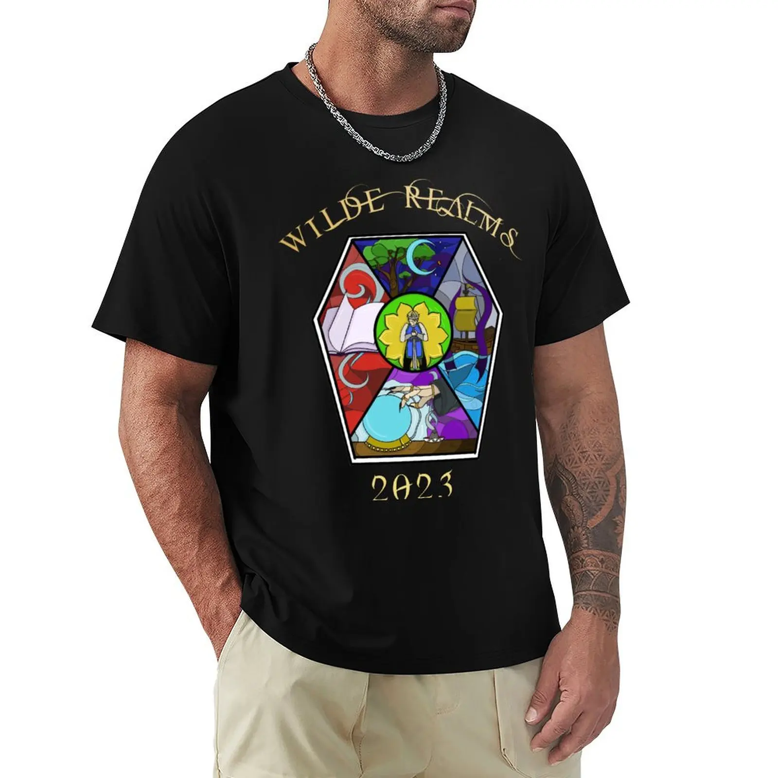 Wilde Realms Five Kingdoms Stained Glass T-Shirt Casual Pattern Print Tee Shirt