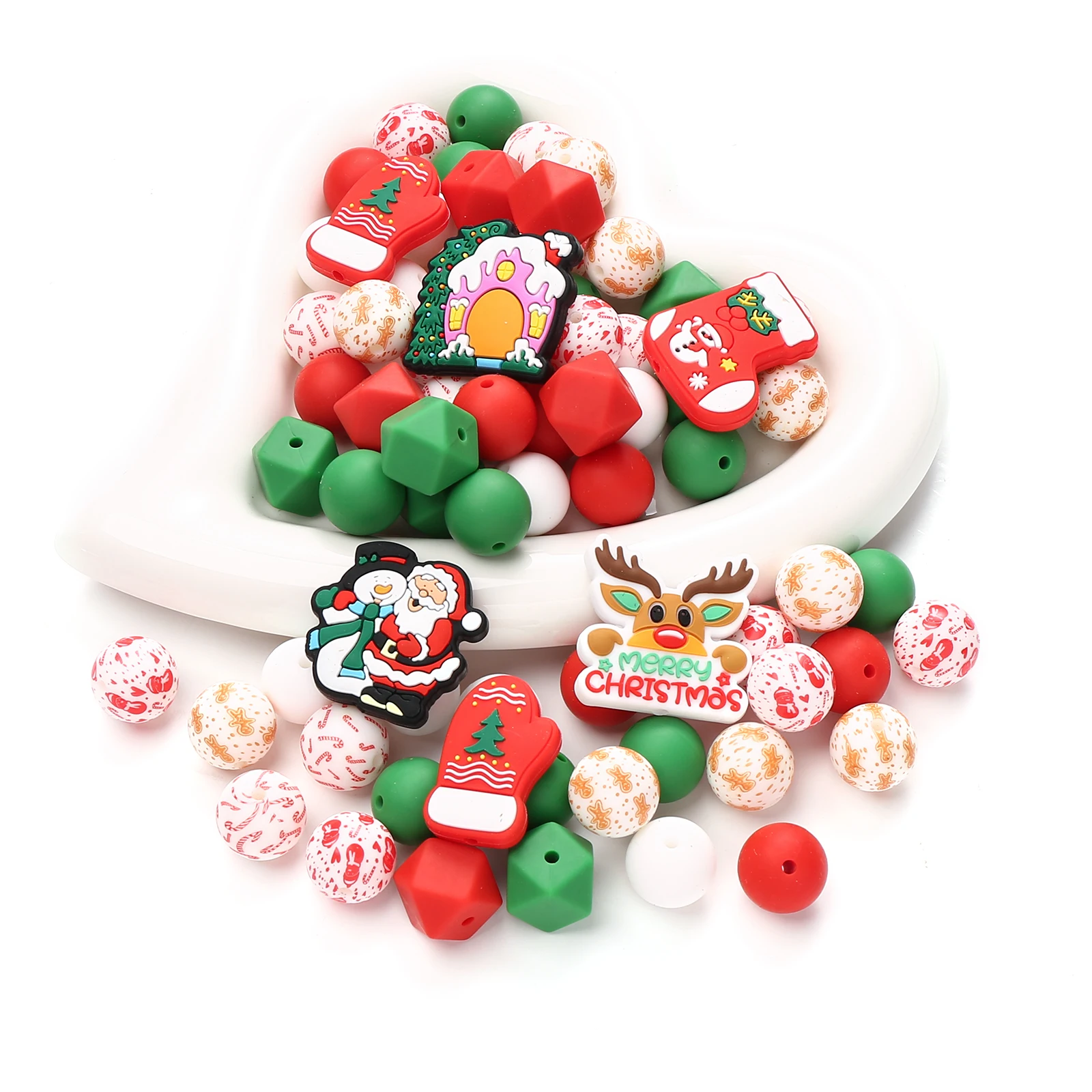 

60Pcs Chirstmas Silicone Teething Santa Claus Beads Baby Teether Beads Food Grade Bpa Free for Diy Pendant Pacifier Chain Making