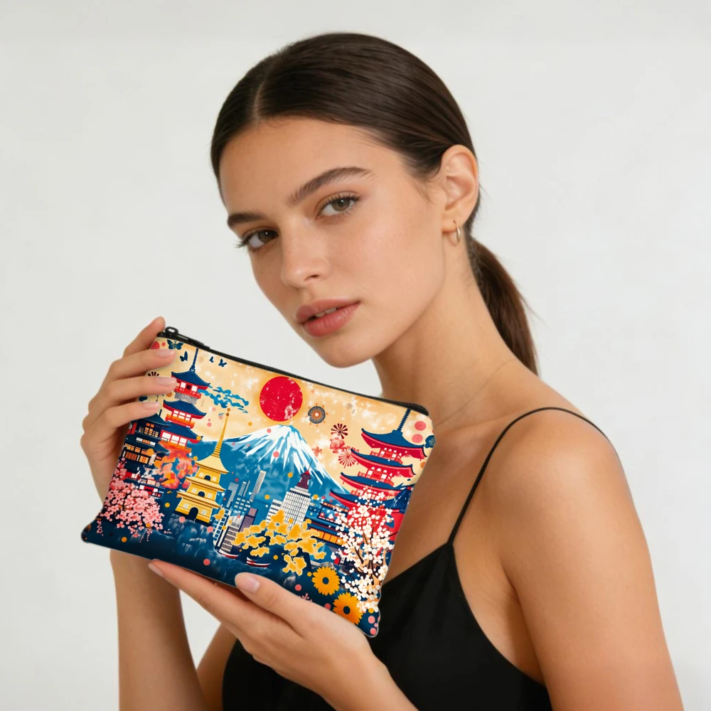 Mount Fuji Pagoda Cherry Blossom Sun Makeup Bags for Girls Cosmetic Pouch Toiletry Bag Pencil Case Travel Storage