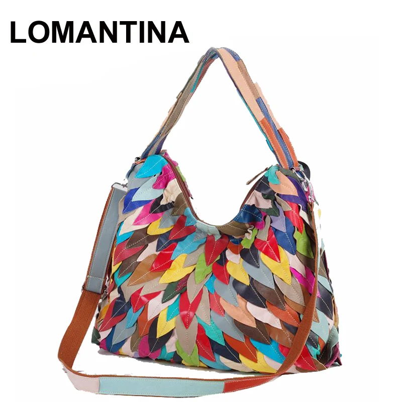 Lomantina New Colorful Real Leather Hobo Bag Handmade Casual Female Handbag Big Capacity Patchwork Zipper Women Shoulder Bags