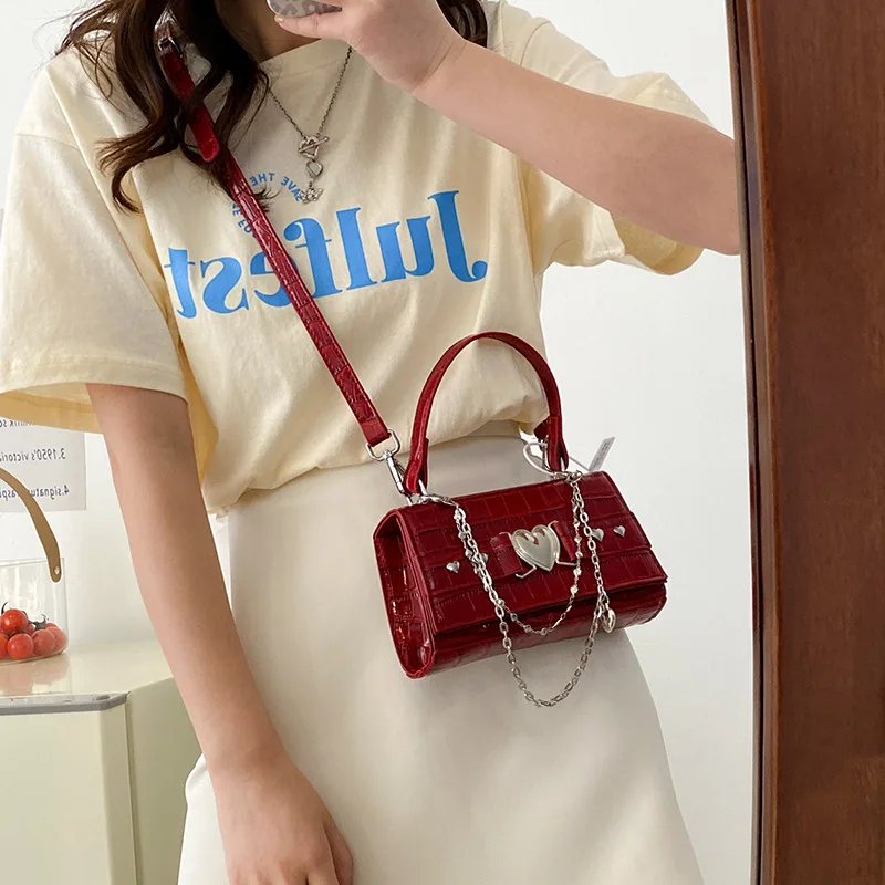 Retro Red Wedding Banquet Crossbody Bag For Women Unique PU Texture Stone Pattern Design Female Versatile One Shoulder Handbag