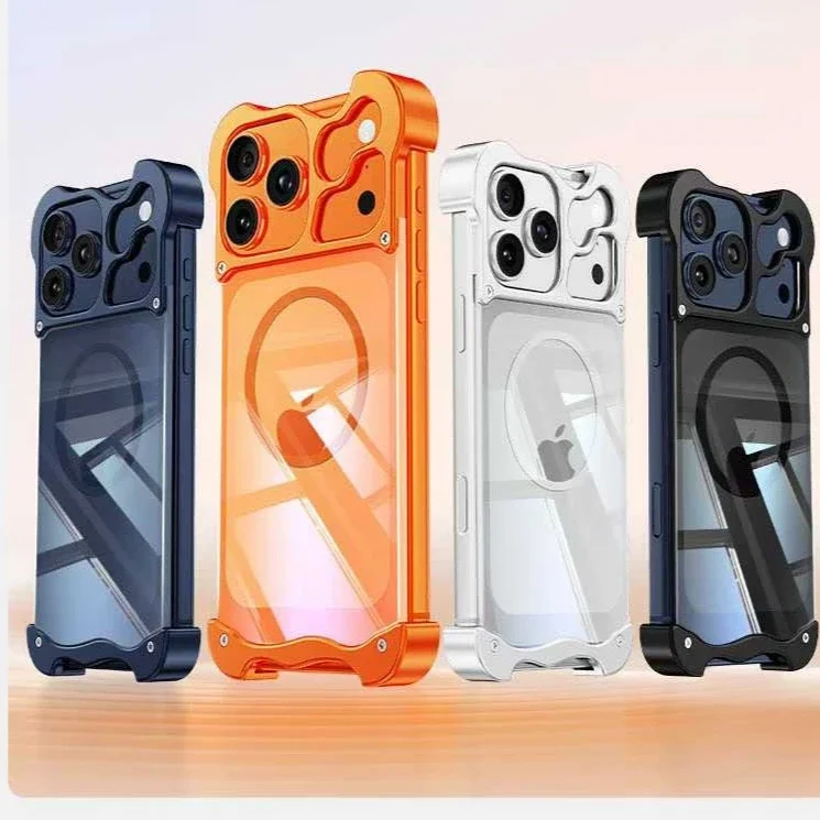 

For iPhone Air 17 16 15 Pro Max Bumper Case Aluminum Metal Corner Pad Transparent Magnetic Shell Cover Magsafe Charging