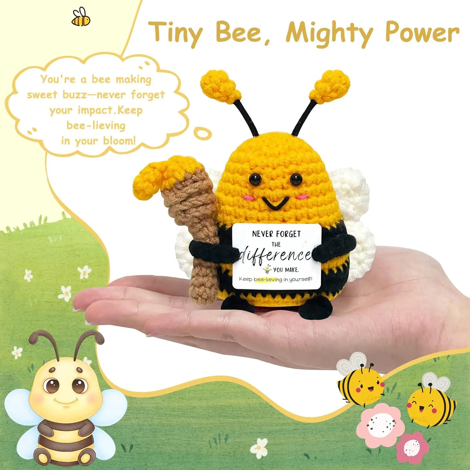 Funny Crochet Positive Energy Torch Bee Doll with Card Home Room Decoration Handmade Knitted Torch Bee Ornament Christmas Gift