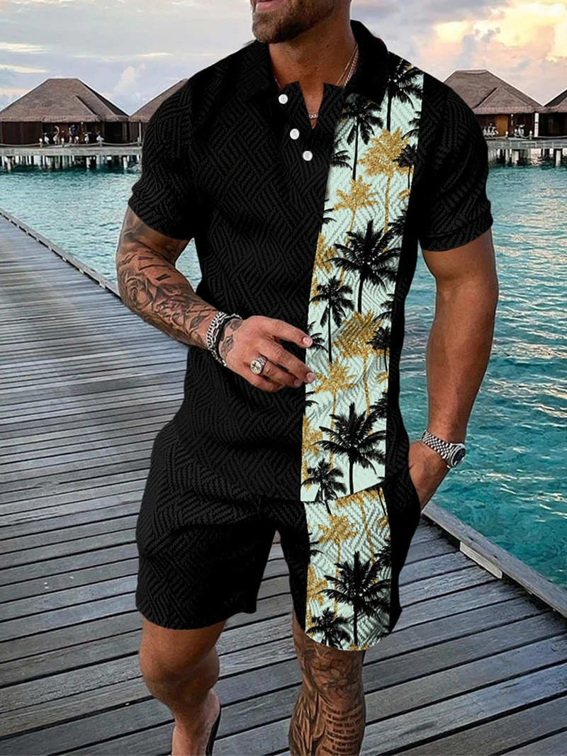 Men Suits Coconut Trees 3D Print Beach  Button Polo Shirt + Shorts Two Piece Set Soft Fashion Casual Men Clothing Tracksuit Set