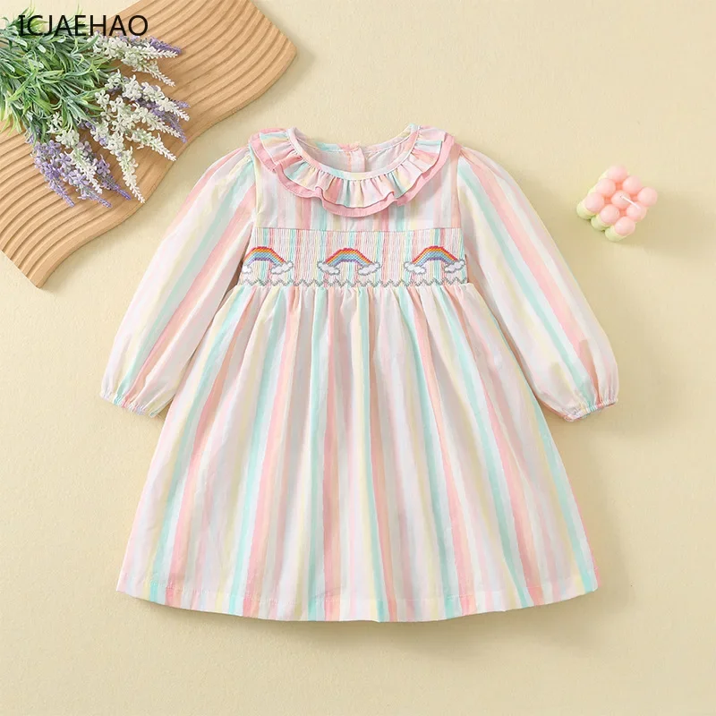 

ICJAEHAO 2024 Dress for Girls Spring Autumn Color Stripe Cartoon Rainbow Children Embroidery Pattern Cotton Long-Sleeved Clothes