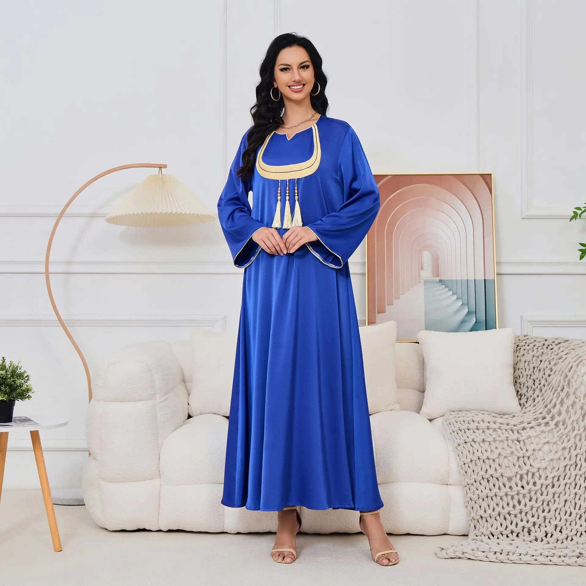 

Ramadan Gurban Abaya For Women Ethnic Robe Muslim Jalabiya Arabic Woolen Collar Tassel Dress Dubai Middle East Islam Clothing