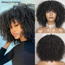 Rebecca-Peluca de cabello humano rizado con flequillo, Afro corto con flequillo postizo, color negro Remy, 250% de densidad