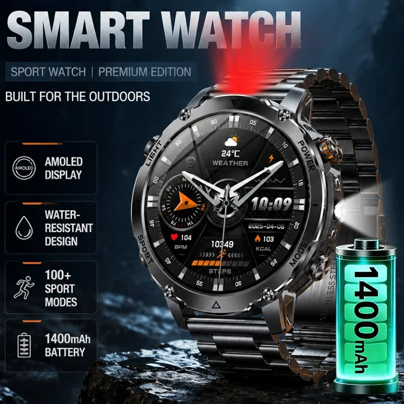 LIGE 1400mAh Big Battery Smart Watch Men Outdoor LED Flashlight IP68 Waterproof Bluetooth Call AMOLED Military Sports Smartwatch