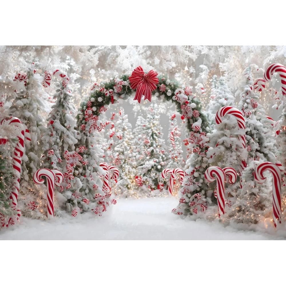 Winter Christmas Backdrop for Photography Arch Wreath Holly Leaves Candy Cane Xmas Kids Portrait Photo Background Photo Studio
