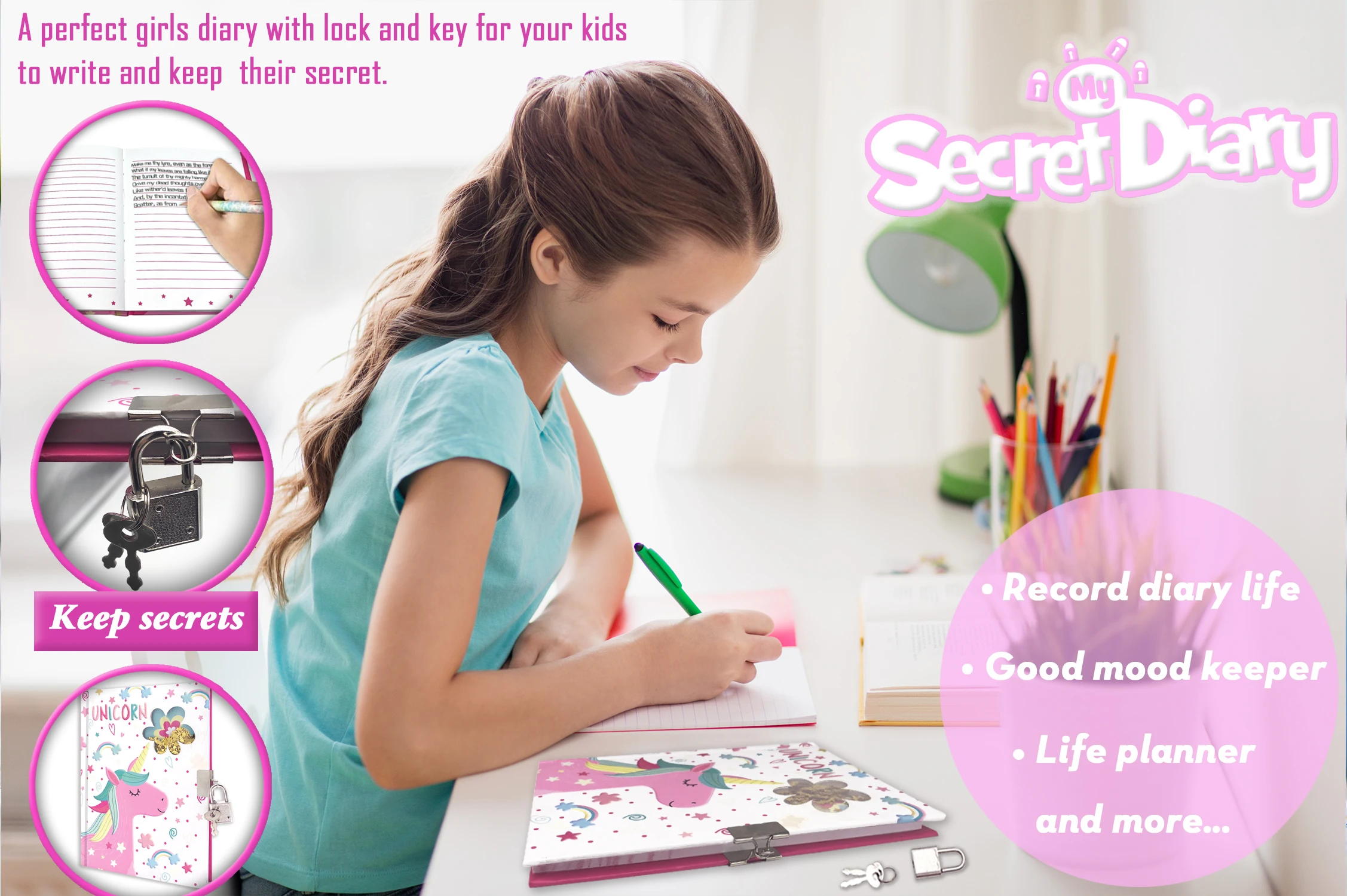 Diary with Lock and Keys, 160 Pages Journal Secret Cute Notebook for Little Kids