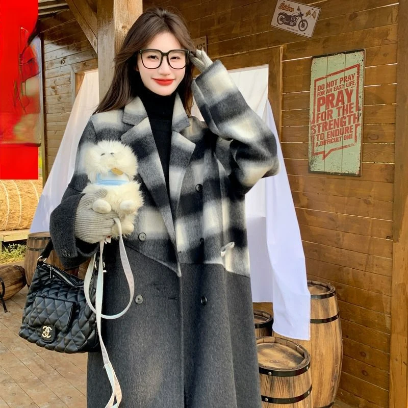 Design Contrast Color Tartan Overcoat Women Winter New Outwear Long Over The Knee Hepburn Style High-grade Woolen Coat Thickened