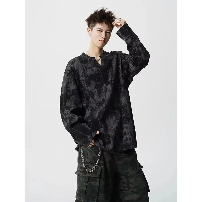 Tie-dye camiseta masculina com decote em v manga comprida outono na moda americano solto moletom casual fundo longo topo