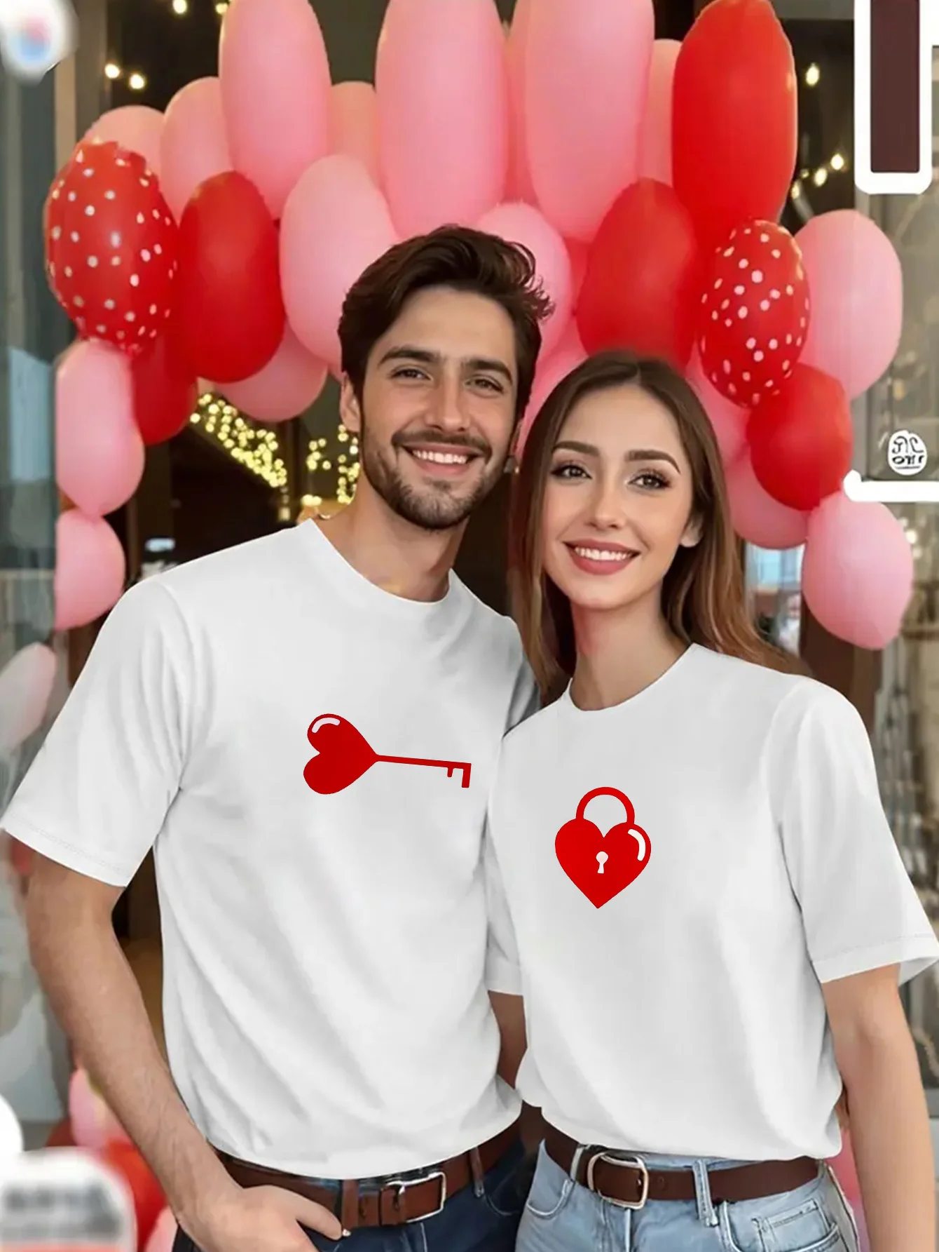 

1 шт., футболка с короткими рукавами и круглым вырезом с принтом Love Lock, подарок на День святого Валентина, верхняя рубашка для пары