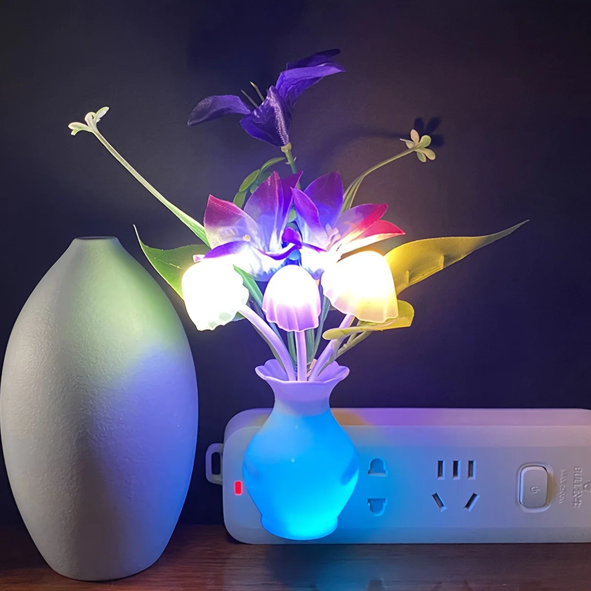 A Brand New European Standard LED Intelligent Light Sensing Night Light, with a Seven Color Vase, Lily, and Three Color Mushroom