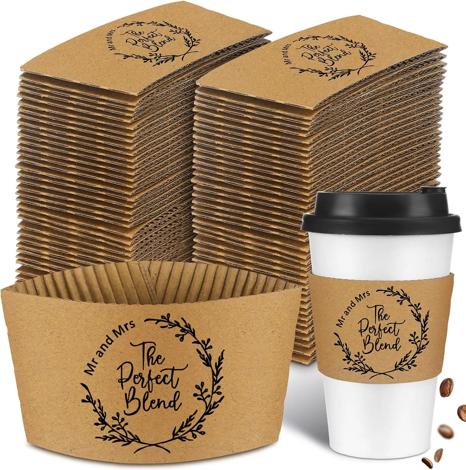 

200 Pcs The Perfect Blend Wedding Custom Coffee Sleeves Disposable Hot Chocolate Cup Sleeves Fits 10-20 oz Kraft Paper D