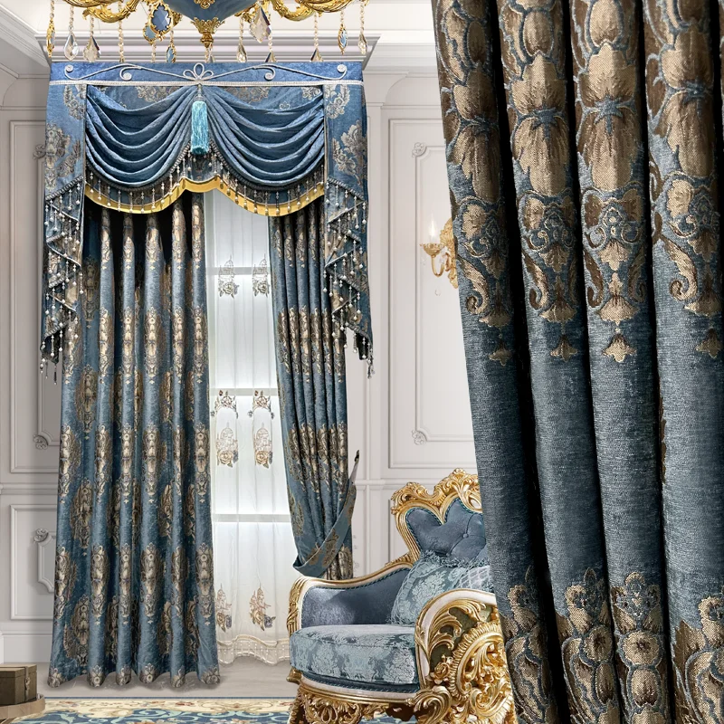 

Custom curtain modern European luxury jacquard blue chenille embroidery bedroom blackout curtain tulle valance drape M1506