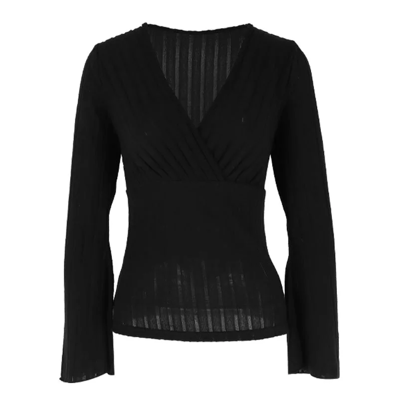 Autumn Deep V Ribbed Knit Top For Women, Slim Flare Sleeve Solid Waist Cinched Slimming T-shirt Blouse view 5