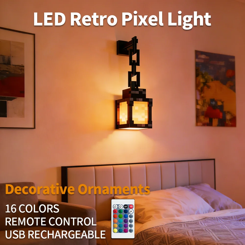 

DIY Indoor Decor Pixel Style Night Light Portable Table Lamp Desktop Decoration 16 Colors Lantern Festival Atmosphere Light HOME