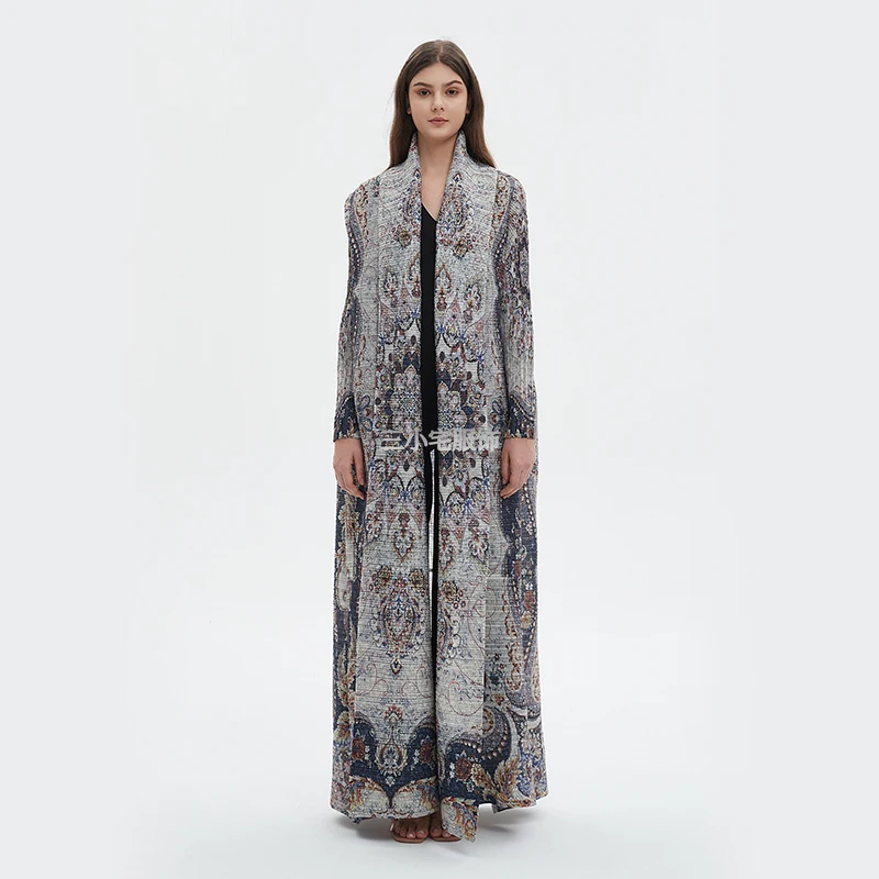 ALSEY Miyake Pleated Women's Long Gown Loose Plus Size Long Sleeve Tie Design Trench Vintage Printed Dress 2024 Summer New