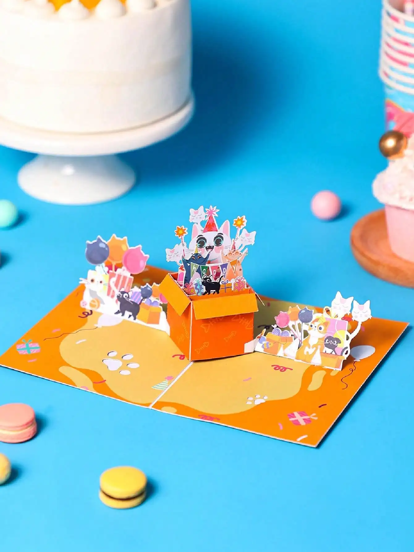 1 Stück KATZE GEBURTSTAG POP-UP-KARTE, Geburtstags-Grußkarte, Geschenk für Kinder, Grußkarte mit Katzenmuster, Grußkarte mit Katzenmuster