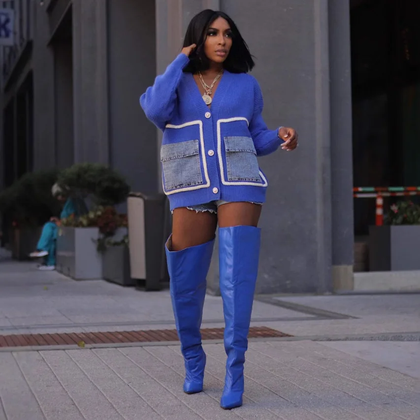 NEW 2026 여성 니트 가디건 데님 패치워크 싱글 브레스티드 버튼 프론트 루즈핏 캐주얼 코트