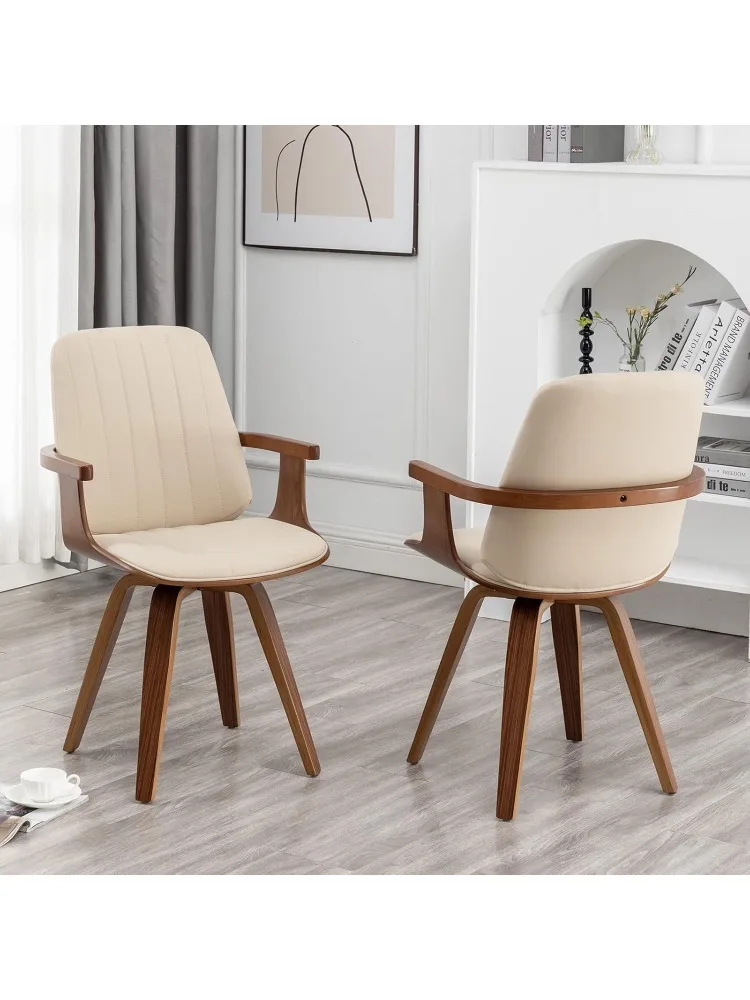 

Chairs Set of 2, Mid Century Modern Dining Chairs with Walnut Craftsmanship, Upholstered Faux Leather, Wooden Arms and Le