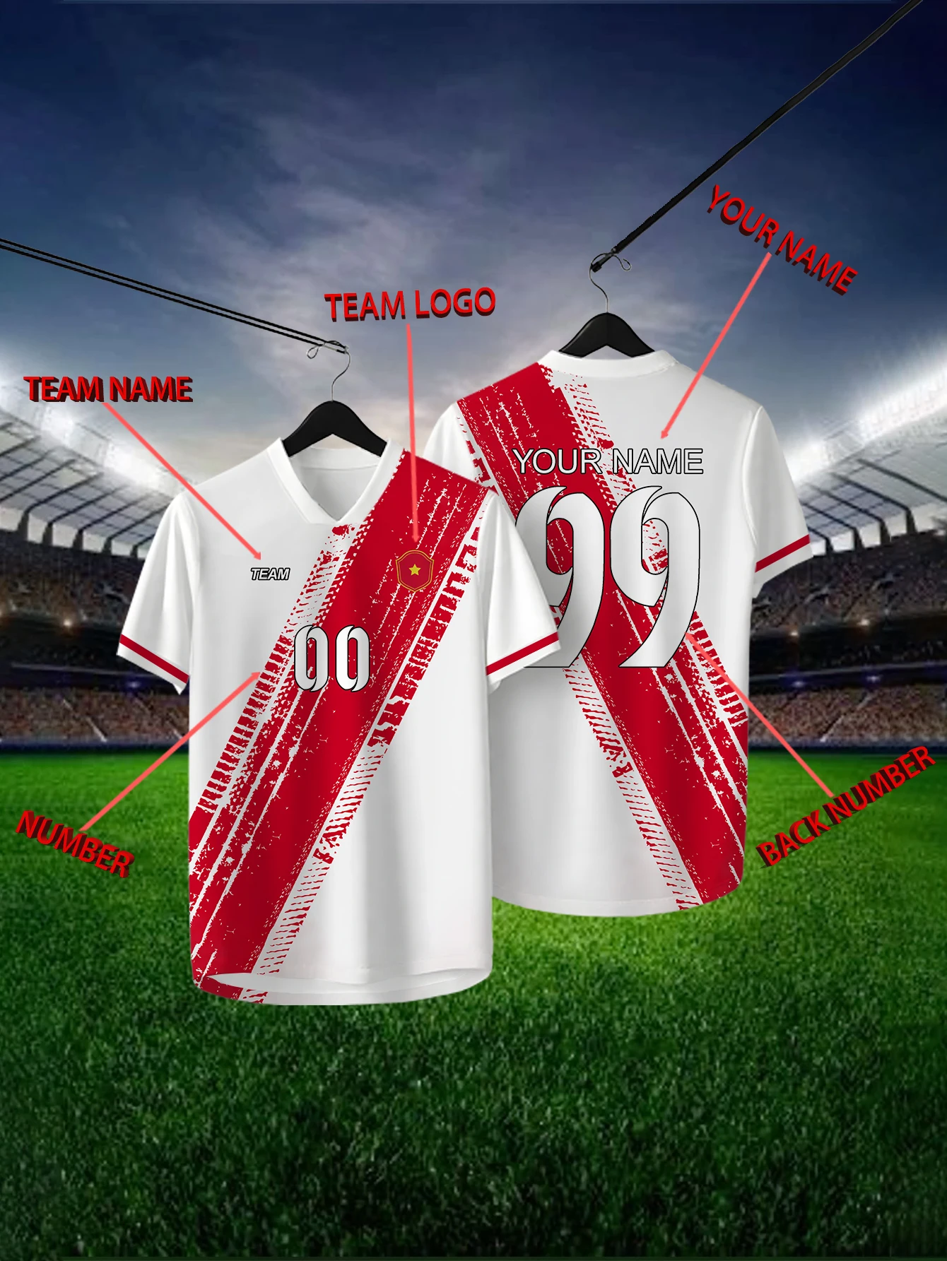 

Customized Geometric White Short Sleeved Shirt with Team Name, Emblem, Name and Number, Outdoor Sports Short Sleeved T-shirt