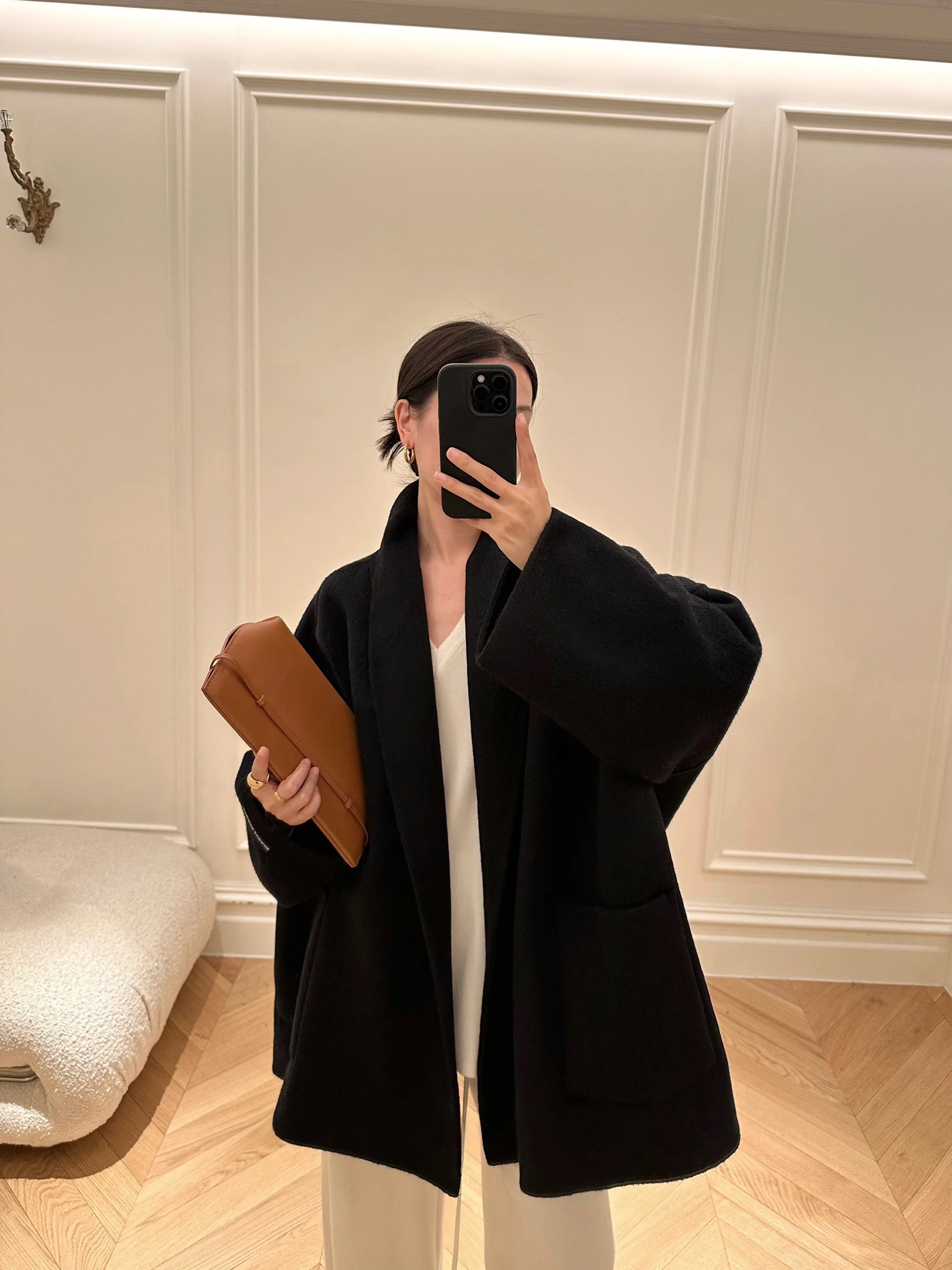 

mat ROW Sle Woolen ort Coat Double-sided Camere Robe Collar Jaet Fem Faion Autumn Winter Outerwear