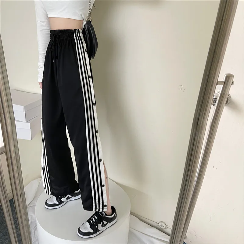 Elastic Wide-leg Pants High Waist Loose Casual Women's Summer pants Korean Version Button Loose and Thin Design Slit Pants