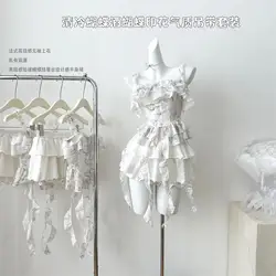 Summer Fairy Bow Print Two Piece Set Women Elegant Lace-up Tops + Cake Mini Skirts Female Fashion Chic Patchwork Slim Party Suit