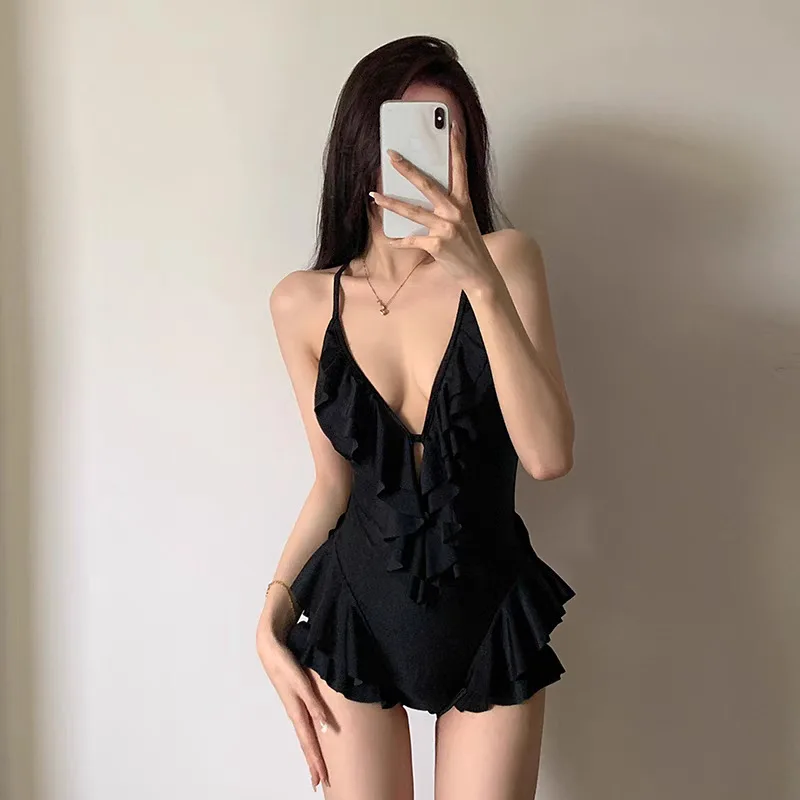 2025 Women Hanging Neck Sweet Swimwear Sexy One-piece Beach Wear Swim Suit Beach Skirt Swimsuit Ruffle Bathing Suit for Girls