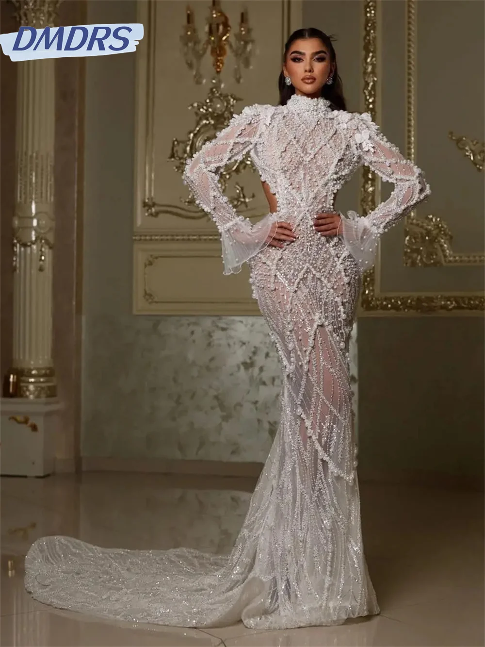 Luxurious Long Sleeve Wedding Dresses 2024 Elegant Backless Bridal Dresses Glamorous Mermaid Floor Length Gown Vestido De Novia