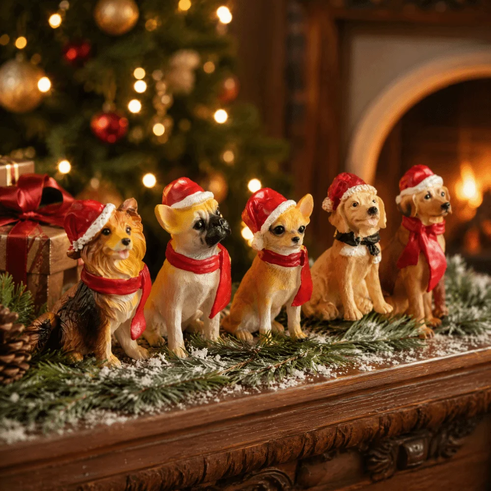 Creative Christmas Hat Dog Sculpture Sitting/Standing Position Modern Deer Desktop Ornament Puppy Cute Christmas Ornament